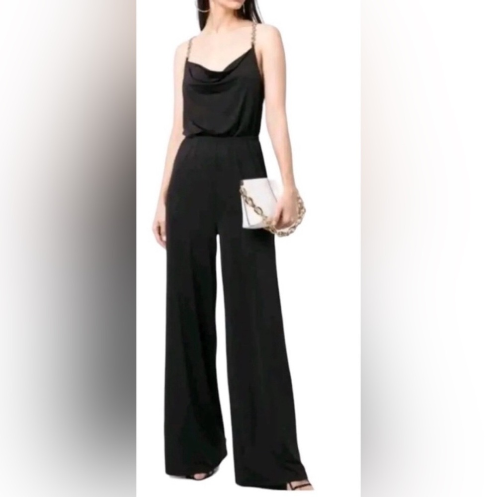Jason Wu Draped Cowl Neck Black Jumpsuit w Rhinestone Links Straps